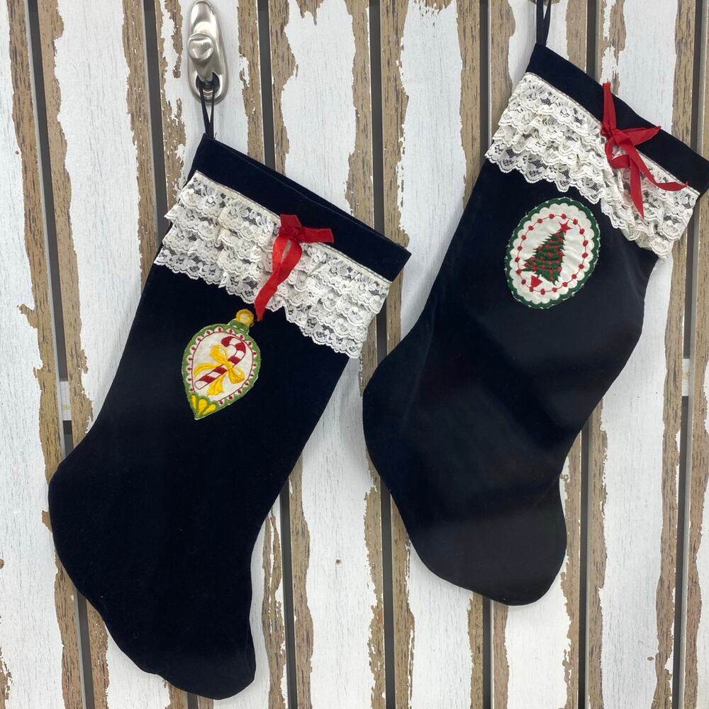 Vintage Velvet Christmas Stockings Lace Smocked Cuffs Patch Emblems